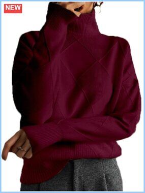 Chunky Knit Turtleneck Argyle Pullover Sweater Long Sleeve